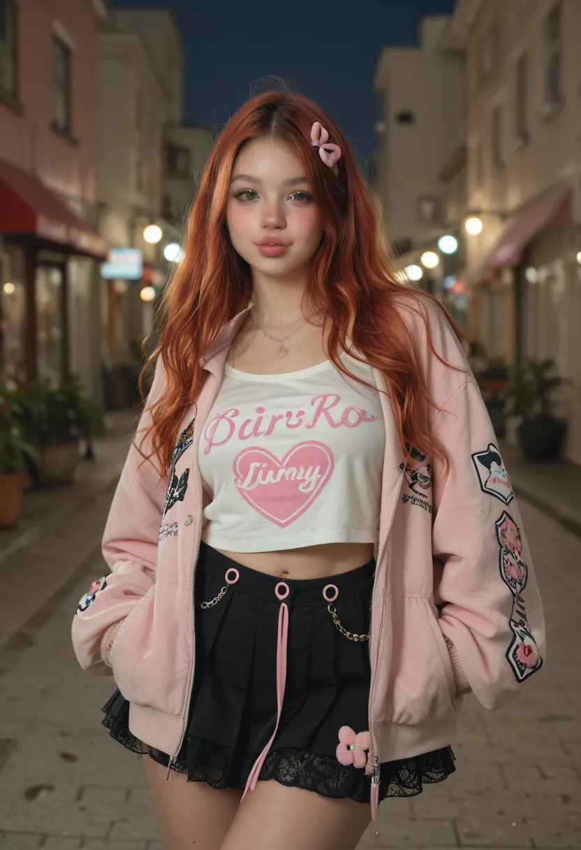 tiny ULTRA REALISTIC, cute girl, cute face, big green eyes, full lips, long orange red hair pink strand, skinny, huge breast, Extra huge ASS, thick thighs, pale skin, a lot of freckles, TINNY WAIST. Close-up face adorable Tokyo fashion outfit top, oversize...