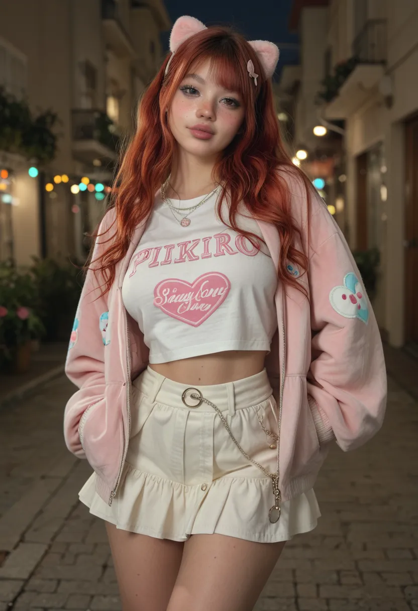 tiny ULTRA REALISTIC, cute girl, cute face, big green eyes, full lips, long orange red hair pink strand, skinny, huge breast, Extra huge ASS, thick thighs, pale skin, a lot of freckles, TINNY WAIST. Close-up face adorable Tokyo fashion outfit top, oversize...
