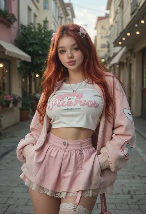 tiny ULTRA REALISTIC, cute girl, cute face, big green eyes, full lips, long orange red hair pink strand, skinny, huge breast, Extra huge ASS, thick thighs, pale skin, a lot of freckles, TINNY WAIST. Close-up face adorable Tokyo fashion outfit top, oversize...