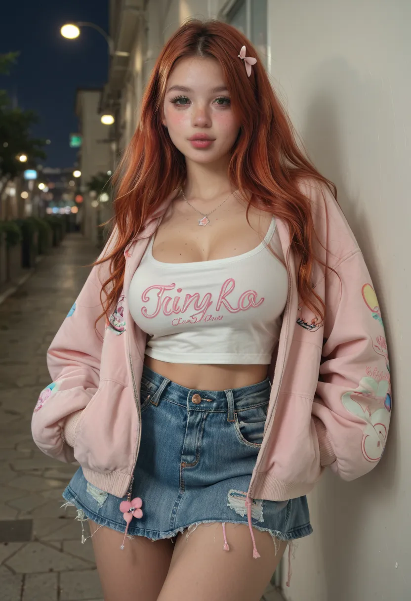 tiny ULTRA REALISTIC, cute girl, cute face, big green eyes, full lips, long orange red hair pink strand, skinny, huge breast, Extra huge ASS, thick thighs, pale skin, a lot of freckles, TINNY WAIST. Close-up face adorable Tokyo fashion outfit top, oversize...