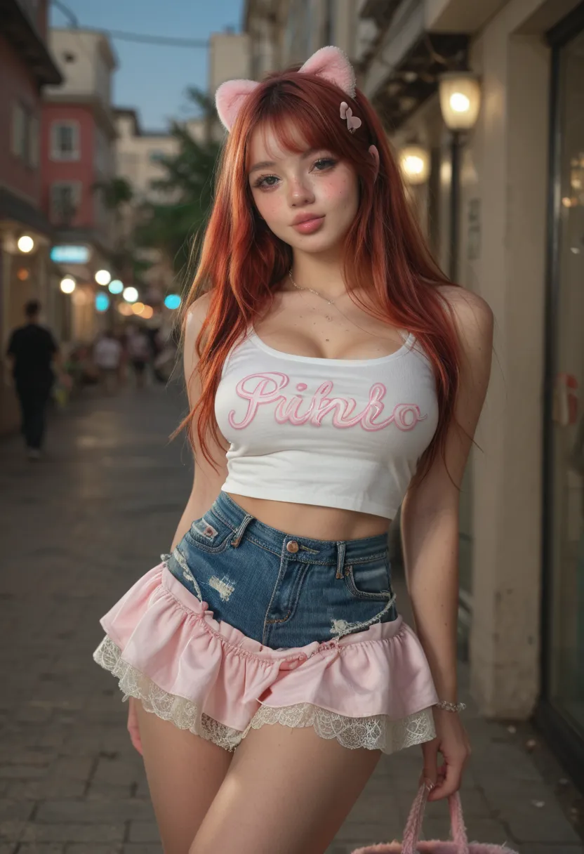 tiny ULTRA REALISTIC, cute girl, cute face, big green eyes, full lips, long orange red hair pink strand, skinny, huge breast, Extra huge ASS, thick thighs, pale skin, a lot of freckles, TINNY WAIST. Close-up face adorable Tokyo fashion outfit skirt in a ci...