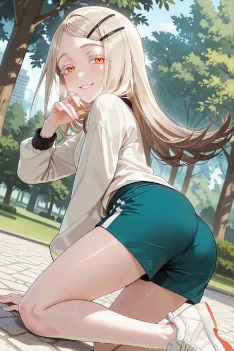 1girl, shinosawa hiro, slender, orange eyes,white eyelashes,blonde hair,brown hair,long hair,hairclip,track jacket,green shorts,white sneakers, outdoors, park, trees, looking at viewer, sweat, detailed hands, very pretty, naughty smile, dynamic pose, dynam...