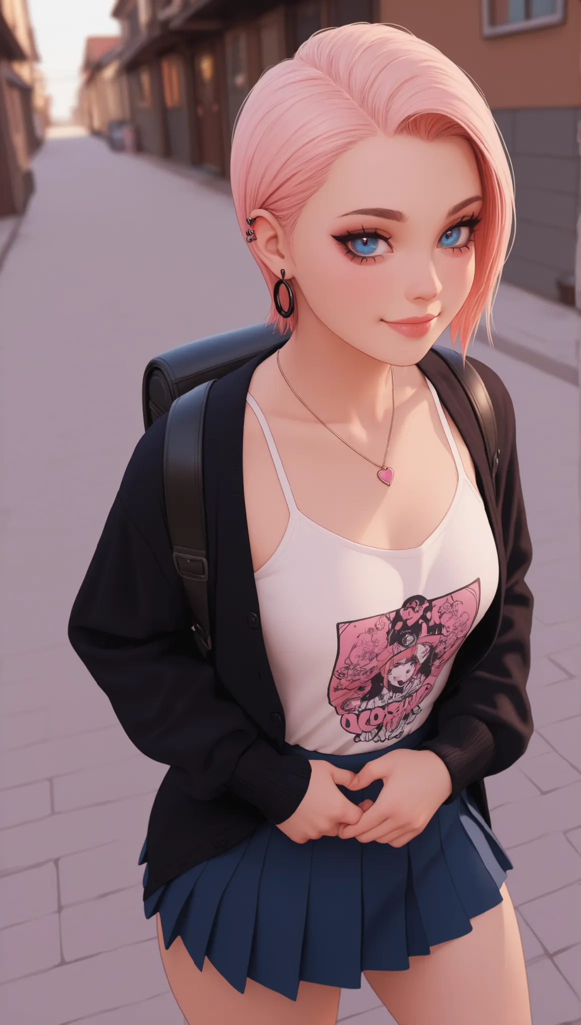 (masterpiece), (portrait), small breasts (aesthetics), ((1 female 21 years old)), Highlight earrings), ((very short hair, piercing in the ear, punk girl style )), ((Hot beige hair)), straight hair, thin eyes open, blue eyes, cute, female, woman, shy, distr...