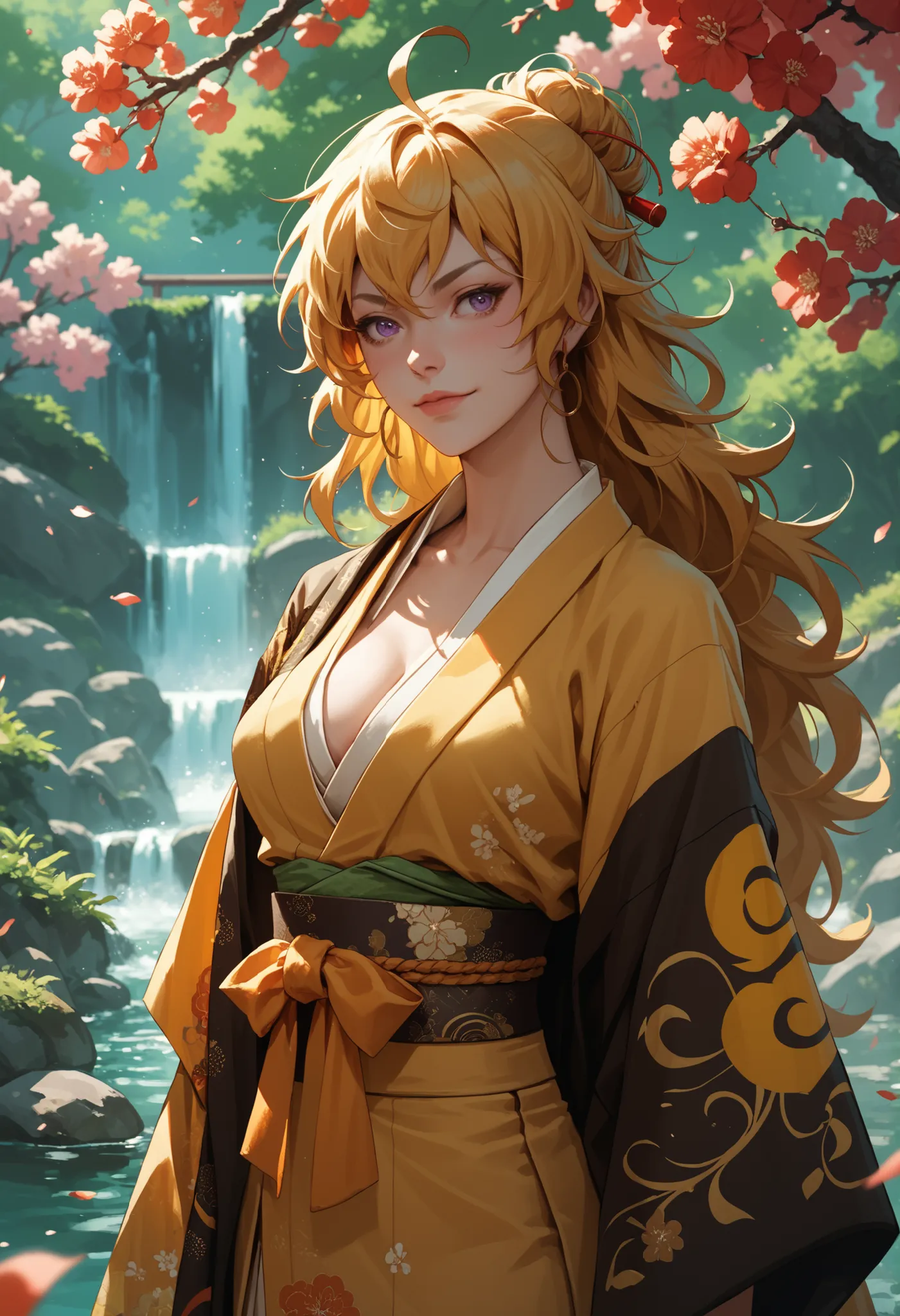 (Yang Xiao Long) from "RWBY" ((anime style)) wearing an kimono, ((spring)), ((shonen style))