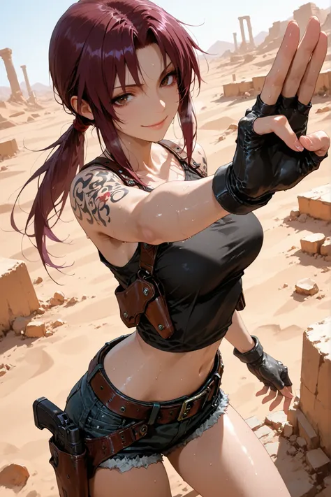 1girl, Revy, purple hair, brown eyes, shoulder tattoo, long hair, ponytail, tank top, midriff, holster, short shorts, belt, fingerless gloves, outdoor, desert, ruins, looking at viewer, sweat, detailed hands, very beautiful, naughty smile, dynamic pose, dy...