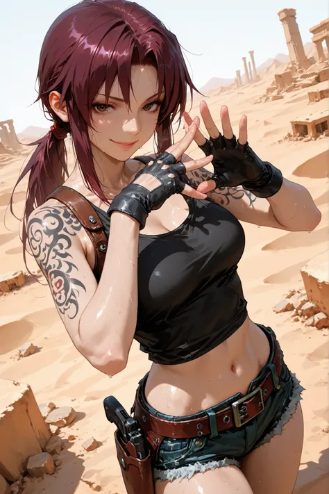 1girl, Revy, purple hair, brown eyes, shoulder tattoo, long hair, ponytail, tank top, midriff, holster, short shorts, belt, fingerless gloves, standing, outdoor, desert, ruins, looking at viewer, sweat, detailed hands, very beautiful, naughty smile, dynami...