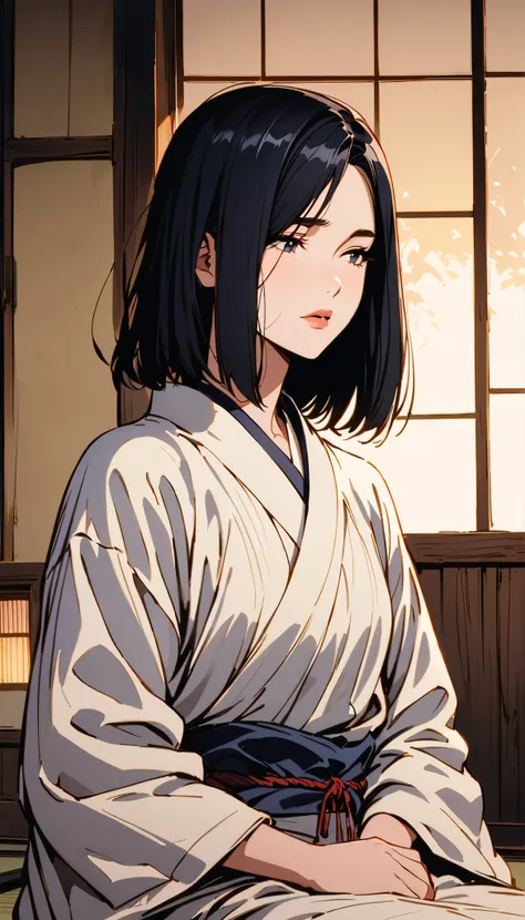 vintage movie, girl, short hair, navy hair, straight hair, woman body, white kimono, tatami, meditating
, hyuga clan, shinobi village, konohagakure, (((perfect lips))), perfect hair, looking down, shy, melancholic, ((young)), ((19 years old))
