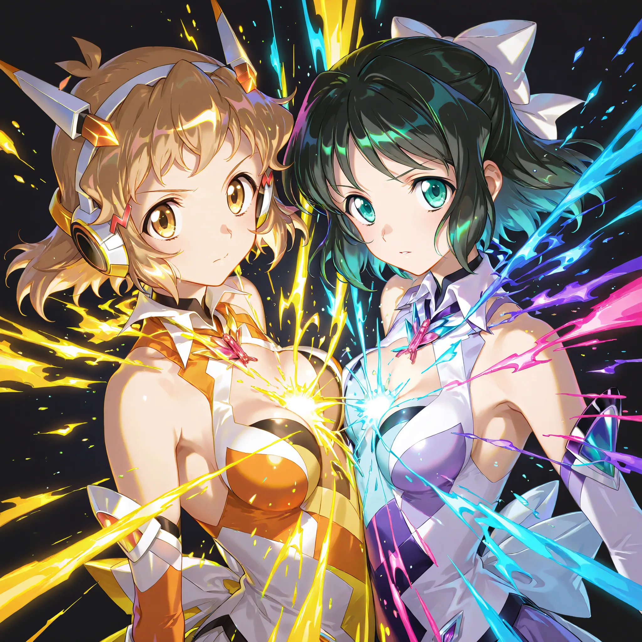 2girls,symphogear,Tachibana Hibiki, Kohinata Miku, Black background,colorful, lively, Shining Contours ,neon,colorful、Official Art、,viewer, masterpiece, Very Aesthetic、battle pose、Light powder、neon Hair、Swinging Hair、chest swaying up and down