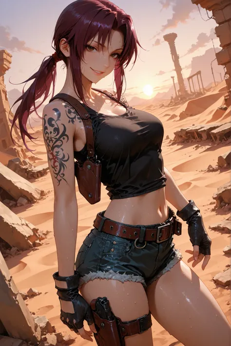  1girl, Revy, purple hair, brown eyes, shoulder tattoo, long hair, ponytail, tank top, midriff, holster, short shorts, belt, fingerless gloves, standing, outdoor, standing, desert, ruins, sunset, looking at viewer, sweat, detailed hands, very beautiful, na...