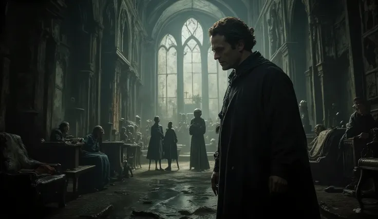 A classist virus that scares and despises the poor . The dramatic lighting is dampened. cena de horror, temer.