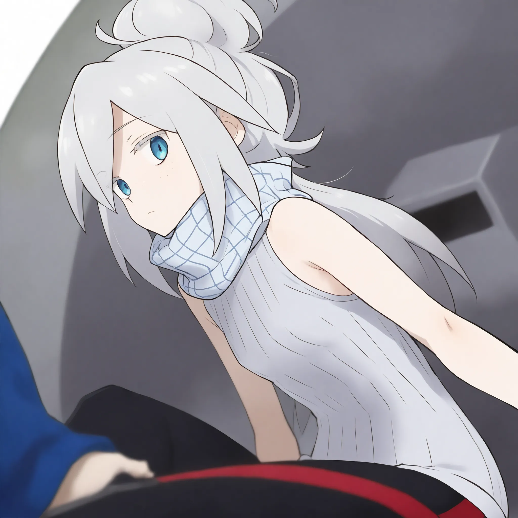 1girl,
Duo Omura Shark Gundam GQ, DM Normal Outfit,
solo, perspective, 
gray hair, Blue Eyes, 
Close,
white scarf, Plaid, sleeveless shirt, white shirt, 
Black Pants, 
staring at the viewer, Sitting,
Authority , coach,
depth of field,

masterpie...