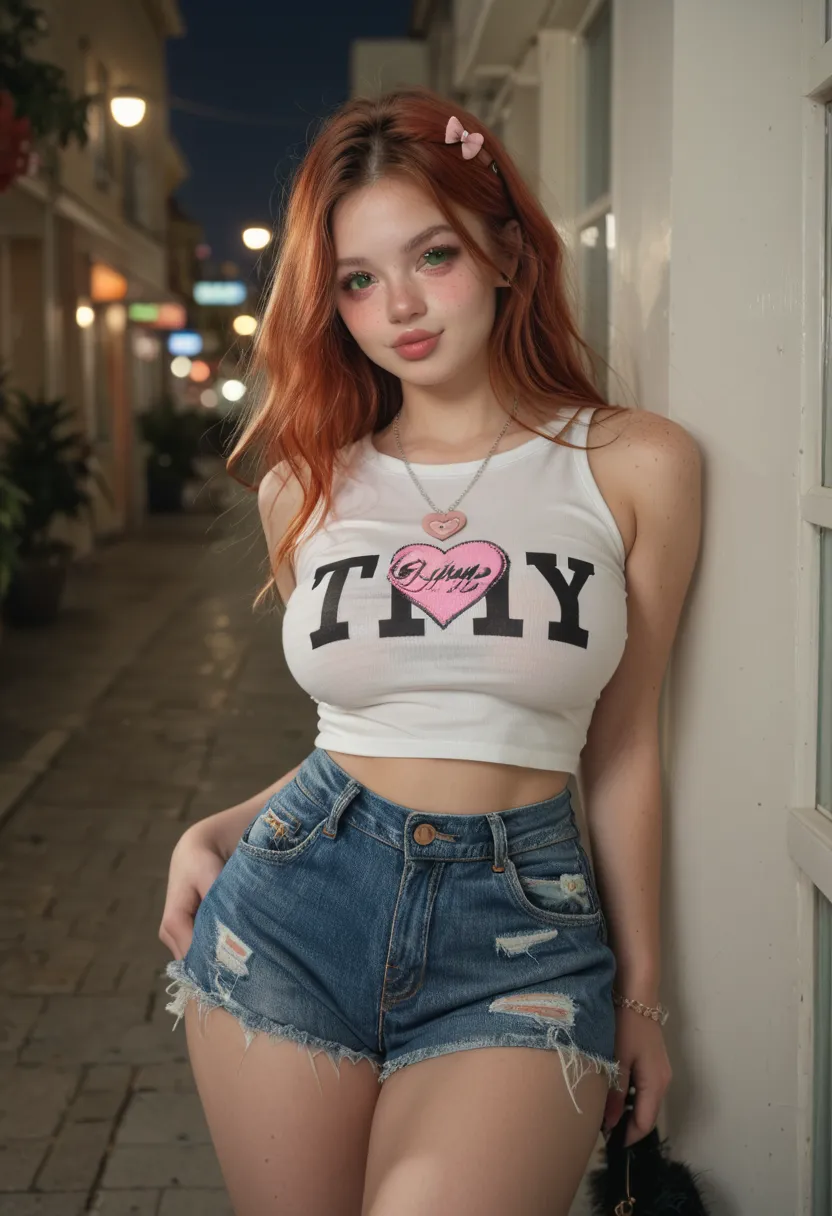 tiny ULTRA REALISTIC, cute girl, cute face, big green eyes, full lips, long orange red hair pink lock, skinny, huge breast, Extra huge ASS, thick thighs, pale skin, a lot of freckles, TINNY WAIST. Close-up face adorable Tokyo fashion outfit in a city full ...