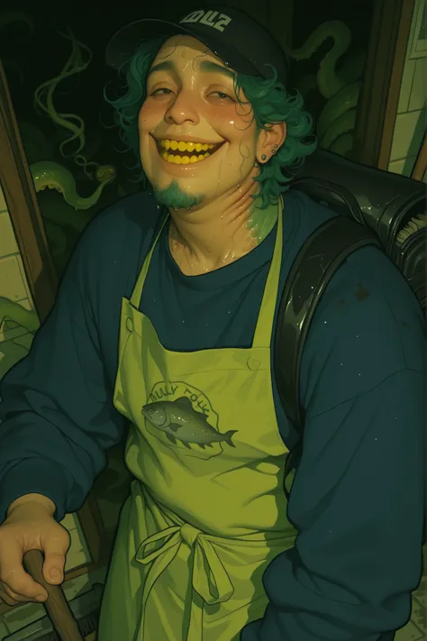 2d semi realistic image of a Chubby short young man, cherubic face, green tint to skin, sickly skin, deep green blush, gills on neck, chubby and plus size. Wearing black ballcap with dead fish cartoon design on the front, shaggy long blue and green mullet...