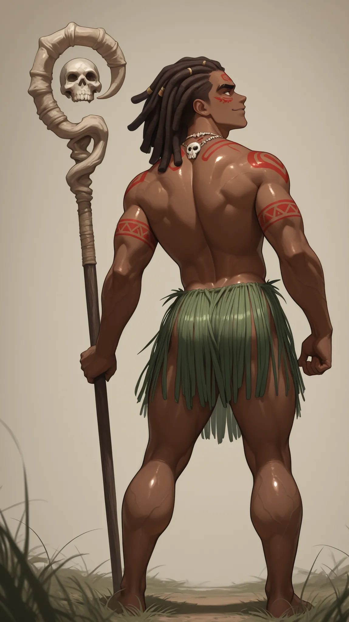 masterpiece,best quality,1male,male focus,african male, full body,muscle,thick thigh,muscline ,brown skin,shiny skin,black dreadlocks, veins,dark brown skin,profile, thick eyebrows,red face tattoo, grass skirt,red tattoo,skull necklace,skull staff,smirk,fr...