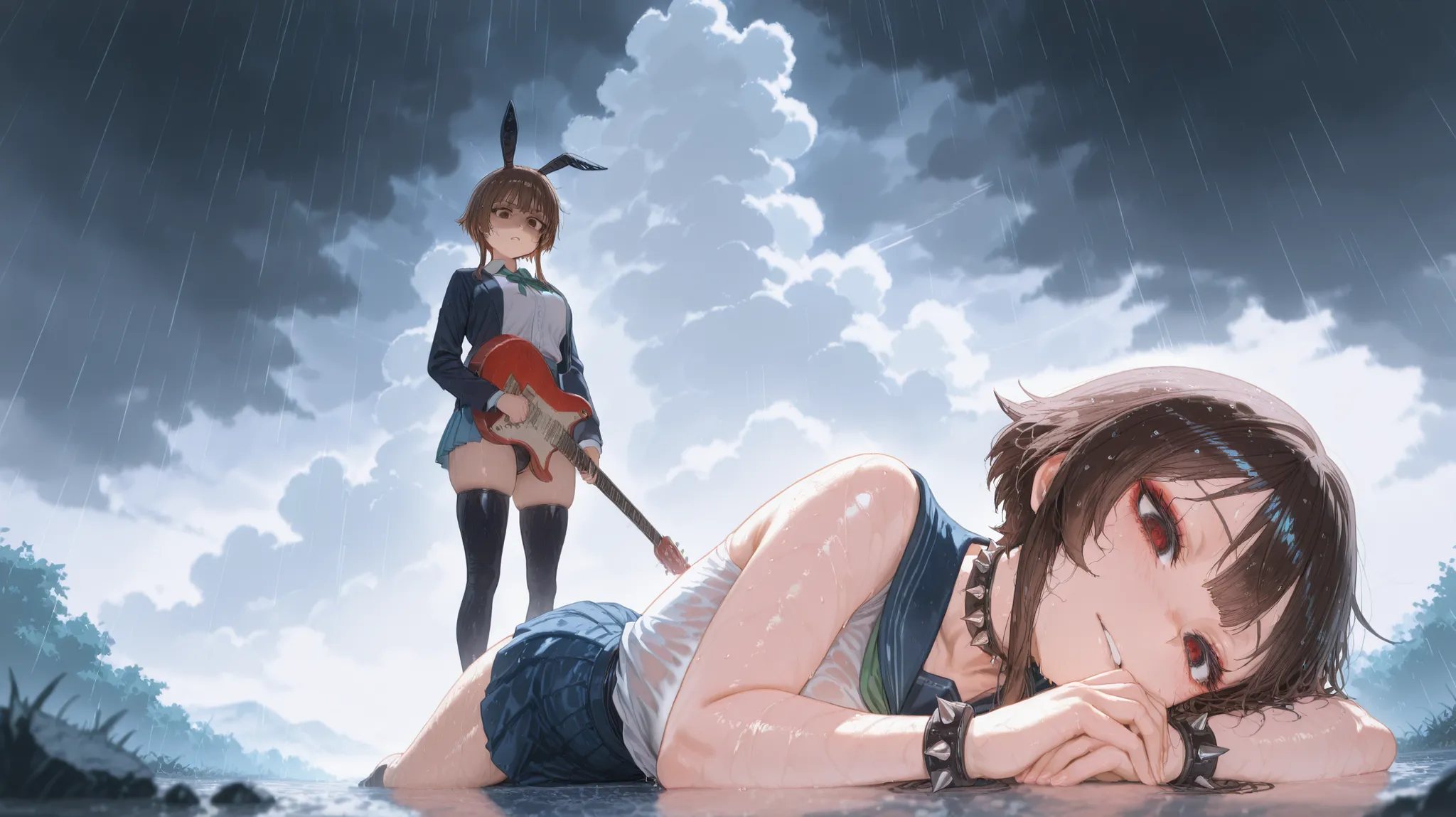 megumin (konosuba) a bunny girl in a school uniform standing over another girl who is lying on the ground in a rain-soaked environment. the scene is set in an outdoor setting with a cloudy sky and heavy rain,A digital illustration shoot from the side abou...