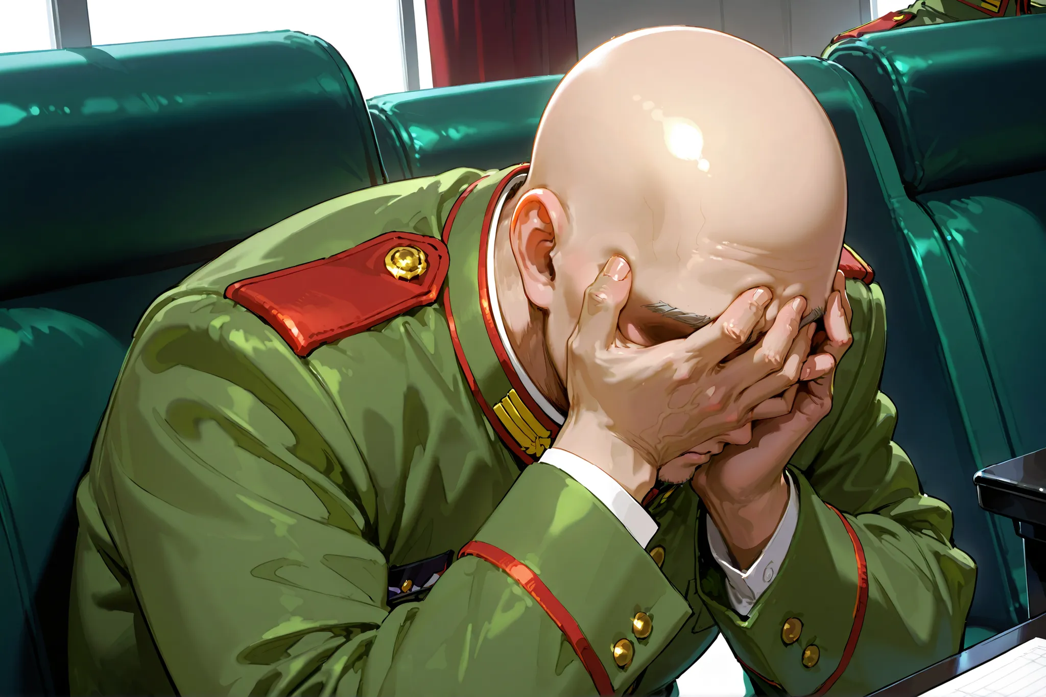 One man, solo, luxurious press conference venue, green military uniform, hands on head, faceless male character, bald old man,