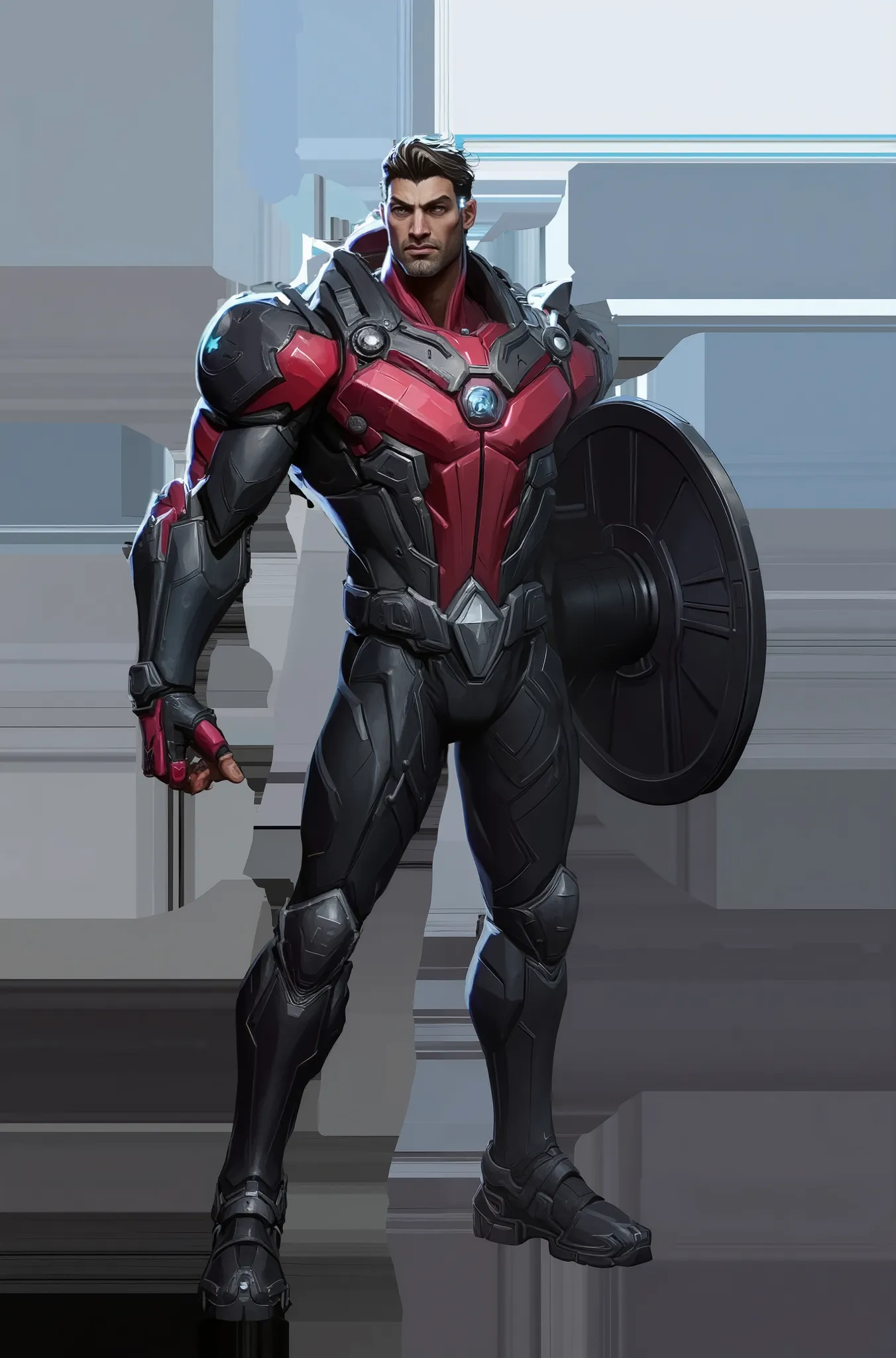 Full-body concept art of U.S. Agent in the style of a high-end video game like Marvel Rivals by NetEase Games. He stands in a powerful pose, wearing a dark tactical armor suit with black and red plating, a red chestplate with white horizontal stripes and a...