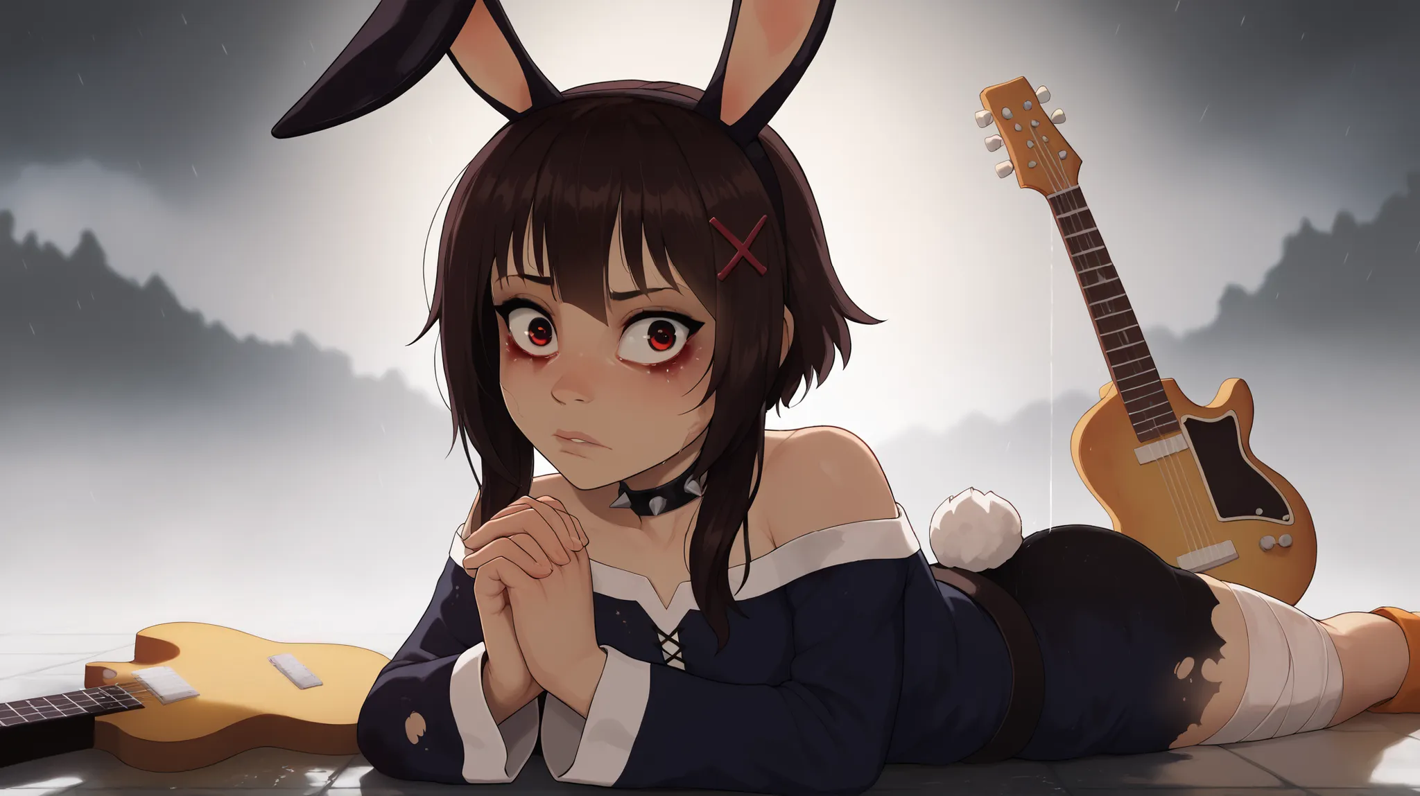 megumin (konosuba) a bunny girl in a school uniform standing over another girl who is lying on the ground in a rain-soaked environment. the scene is set in an outdoor setting with a cloudy sky and heavy rain,A digital illustration shoot from the side abou...