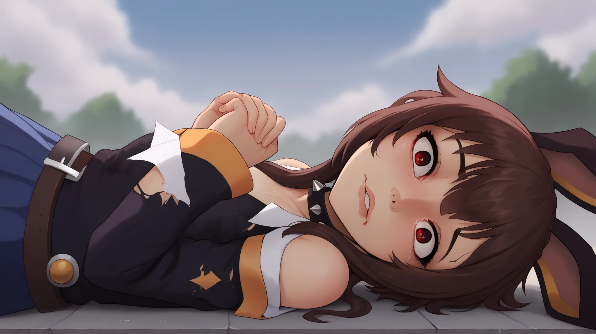 megumin (konosuba) a bunny girl in a school uniform standing over another girl who is lying on the ground in a rain-soaked environment. the scene is set in an outdoor setting with a cloudy sky and heavy rain,A digital illustration shoot from the side abou...