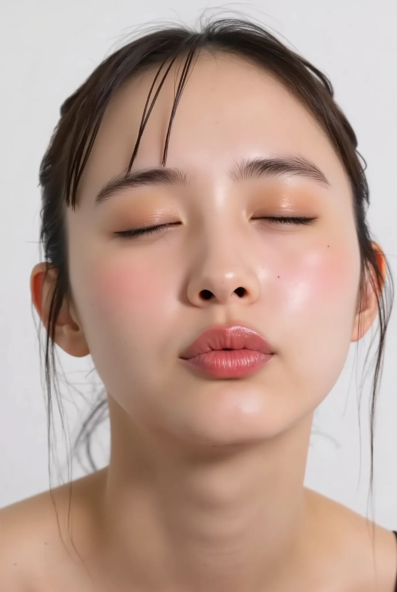 beautiful young woman, eyes closed, soft smiling expression, cheeks flushed, outer eye corners lowered, head slightly tilted back, extremely puckered lips, lips tightly pursed and pointed forward, exaggerated kissy lips, heart-shaped lip pose, shiny soft p...