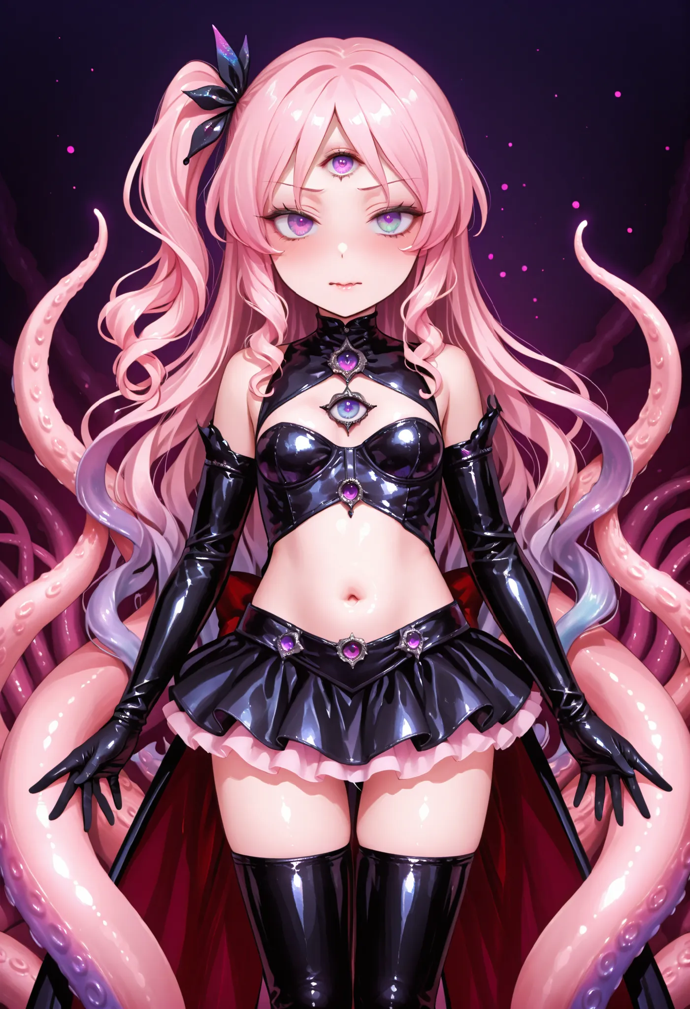 Evil magical girl. Tentacle girl. Pink hair. Wavy hair. Side ponytail hair. Black bangs. Black metal hair accessory. Overconfident expression. Purple rainbow eyes. Third eye. Black costume. Blue metallic decoration. Latex cover navel. Black latex gloves. S...