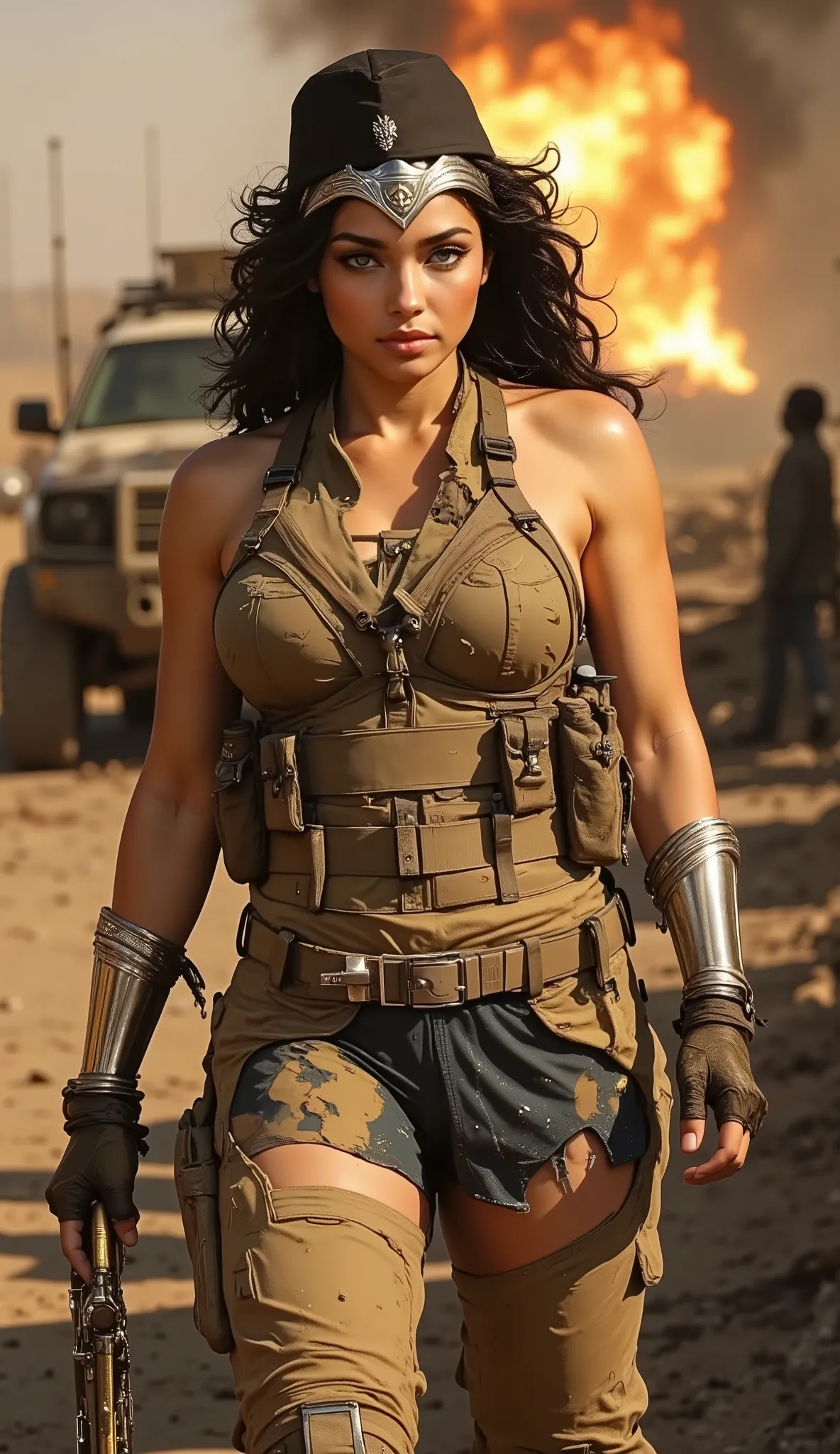 South Sudan"Ultra-detailed 8K hyper-realistic image of DC Wonder Woman on a South Sudanese battlefield, walking through a war-ravaged city. She wears a military uniform inspired by South Sudan’s forces, with sandy-brown fatigues, a black cap with a nationa...