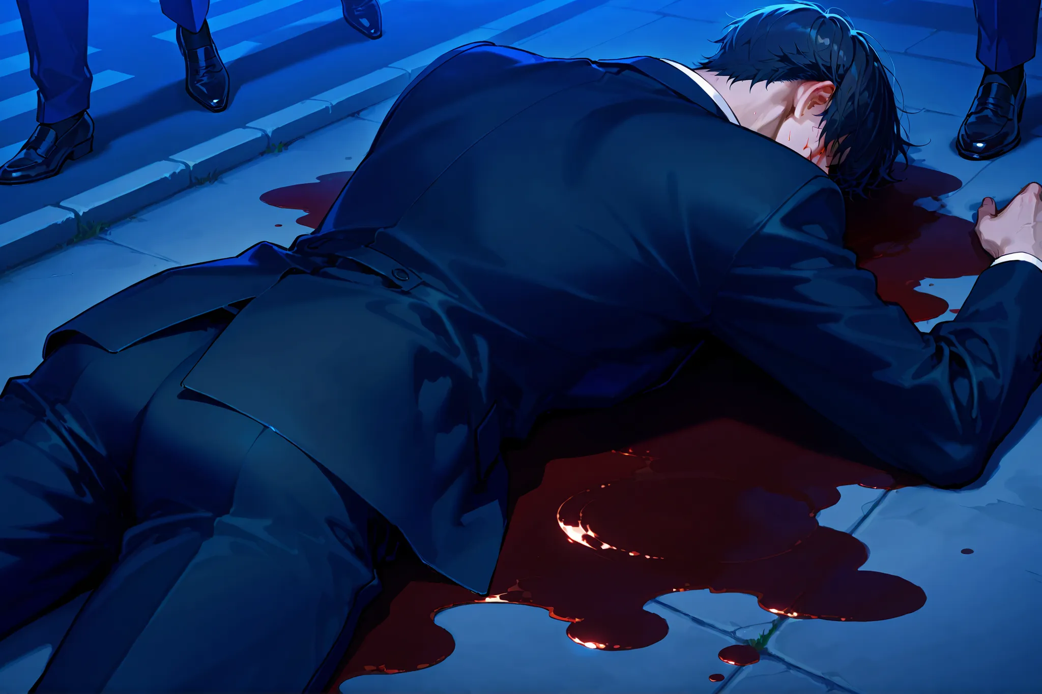 On a city street, a faceless male character in a suit is beaten by multiple faceless male characters, lying on the ground covered in blood,