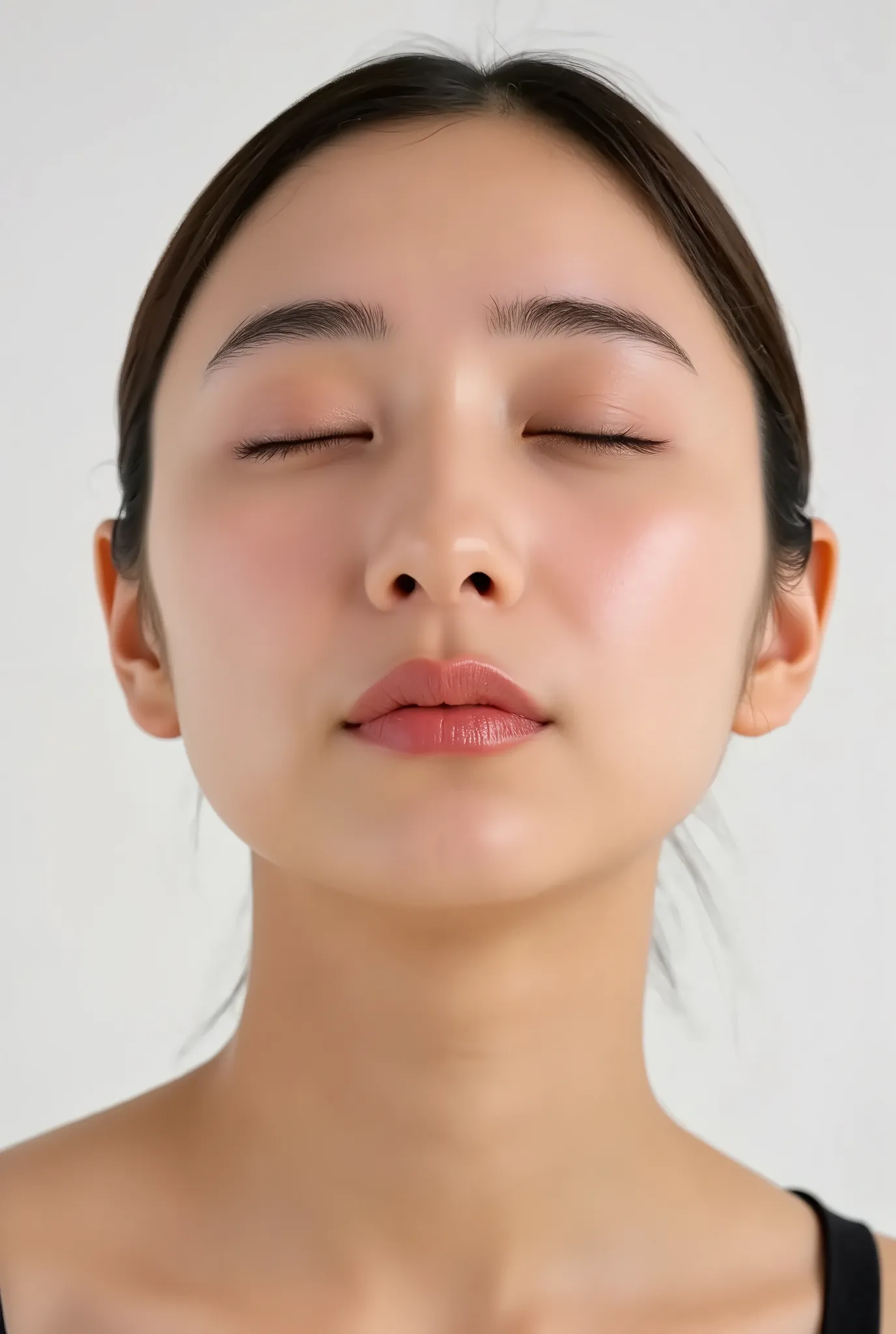 beautiful young woman, eyes closed, soft smiling expression, cheeks flushed, outer eye corners lowered, head slightly tilted back, extremely puckered lips, lips tightly pursed and pointed forward, exaggerated kissy lips, heart-shaped lip pose, shiny soft p...