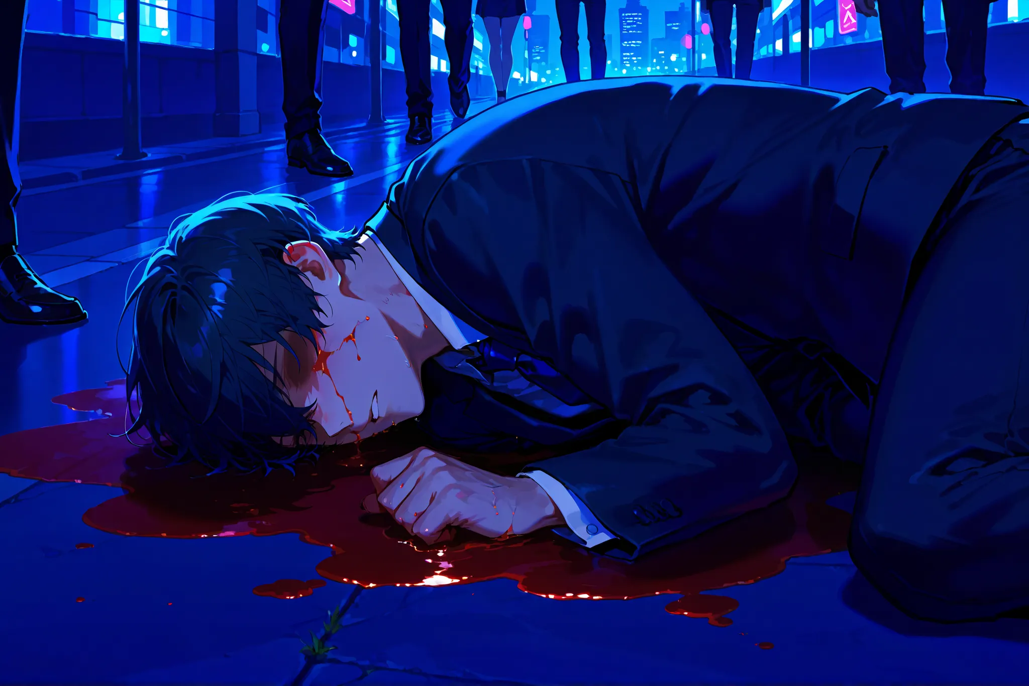 On a city street, a faceless male character in a suit is beaten by multiple faceless male characters, lying on the ground covered in blood,