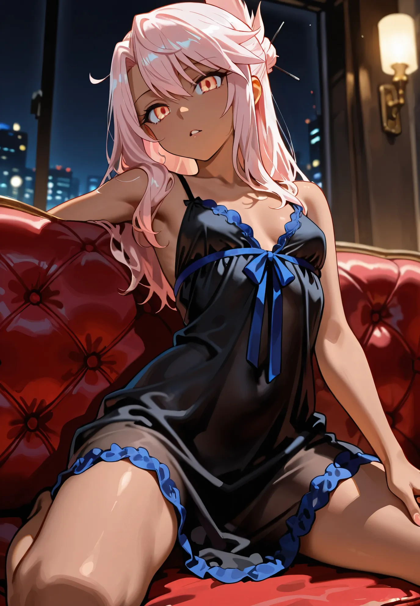 1girl,solo,  Chloe von Einzbern , Fate series,parted lips , vibrant colors , black night gown , naturally sagging small breasts , red eyes , masterpiece , kneeling on a couch , sexy pose , close up,alluring atmosphere,cinematic lighting,masterpiece,top qua...