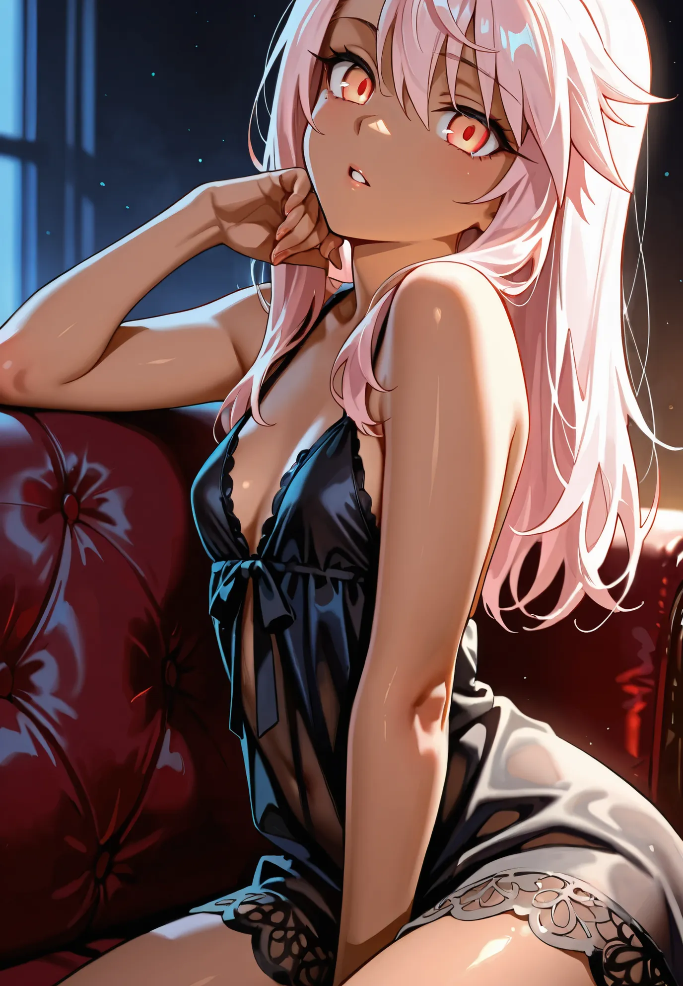 1girl,solo,  Chloe von Einzbern , Fate series,parted lips , vibrant colors , black night gown , naturally sagging small breasts , red eyes , masterpiece , kneeling on a couch , sexy pose , close up,alluring atmosphere,cinematic lighting,masterpiece,top qua...
