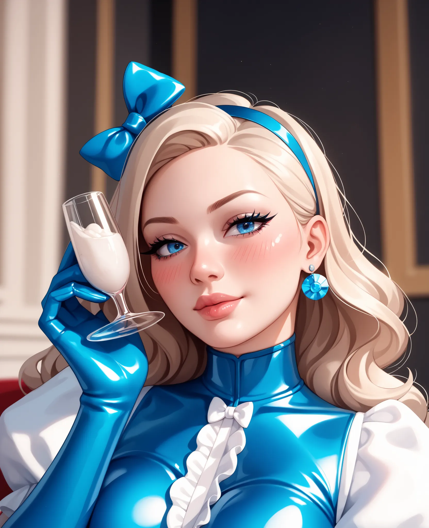 Photo from the waist up, Sexy girl dressed head to toe in pink and blue latex, latex gloves, high neckline latex dress, extremely glossy latex, covered boob window, adult, mature female, platinum blonde hair, long hair wavy hair, cute little latex bows in ...