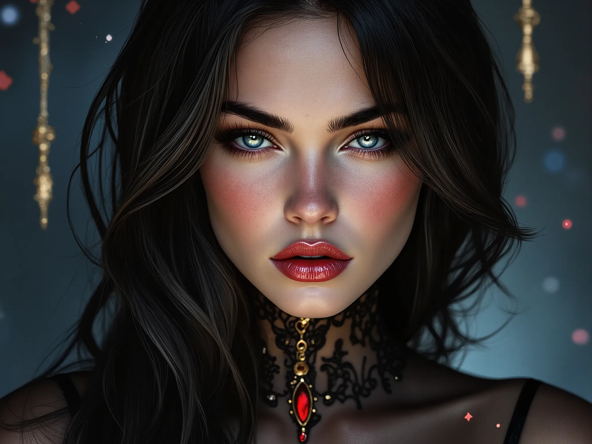oil painting hyperrealistic fantasy, beautiful 25-year-old Russian woman with young Russian features, jet-black and wavy hair,  metallic grey eyes  , gold lip gloss brand dress, fur blanca de porcelana como muñeca, rosy cheeks, Arte digital hyperrealista. ...
