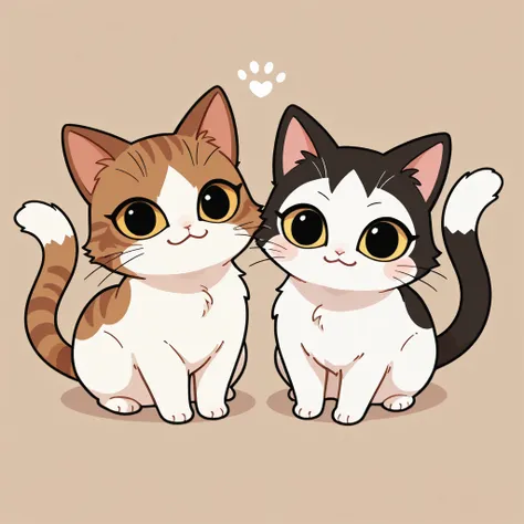 black and white cat、 Brown and White Cats 、Two cats、cute、deform