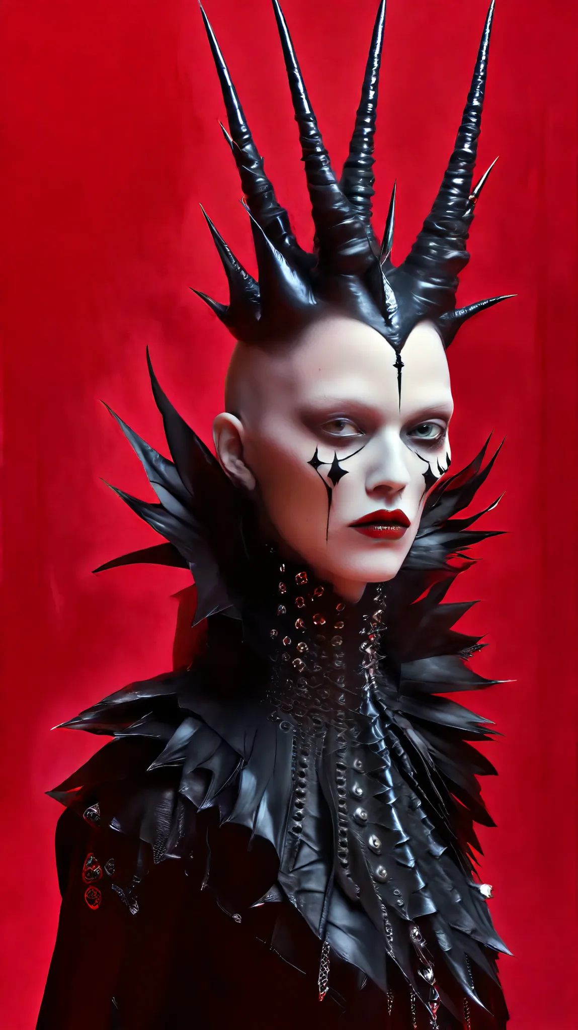 Tim Walker inspired, photography, trendy close up, Ultra-red background, leather extreme sinister fetish, whimsical settings, surreal elements, creative storytelling, vibrant colors, (rostro detallado:1.05), hyperrealistic, Photorealistic. Gothic punk , l...