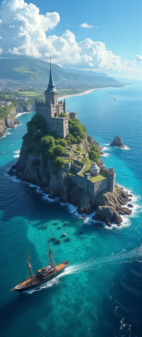 highdefinition images、In the water of the Strait of Dover{X}（Colorful castle ruins in clear blue light）masterpiece、At sea２detailed images of Aegis ships 、 Ancient castle ruins overlooking the city 、 outdoor、Blue skies pass through 、 Ruins of an English Glass Castle 、 from above the Ruins of an English Glass Castle 、  Scenery、Nature、 high resolution,Scenery I saw from the colorful Dover Strait、photorealism 、 Highly detailed clear view of a castle from a sailing boat。。