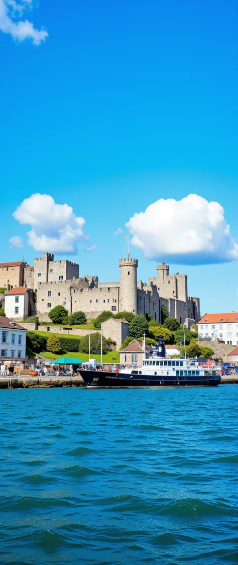 highdefinition images、In the water of the Strait of Dover{X}(Colorful castle ruins in clear blue light)masterpiece、At sea2Scenery with sailboats 、 Ancient castle ruins overlooking the city 、 outdoor、Blue skies pass through 、 Ruins of an English Glass Castl...