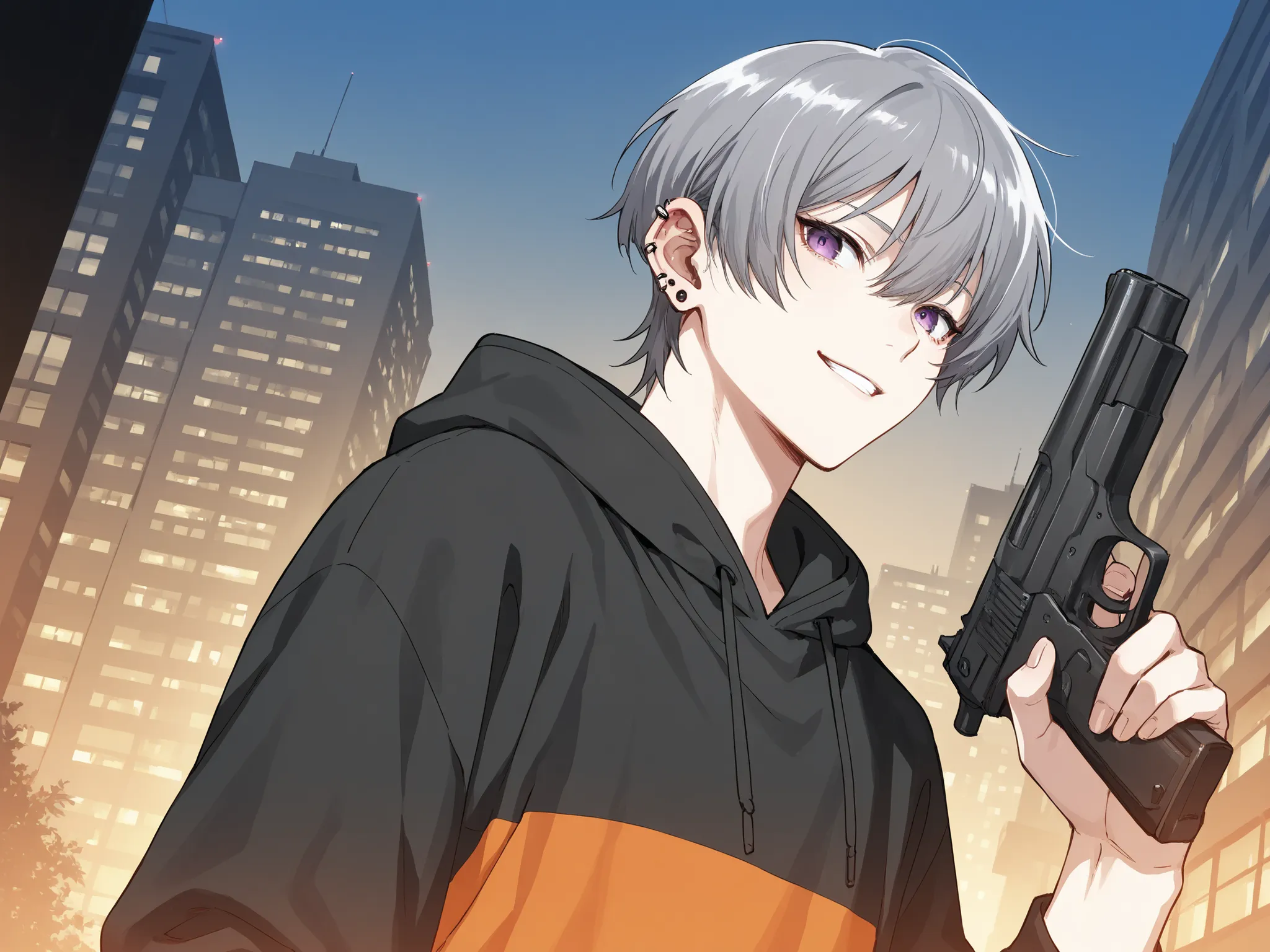 short hair　Beautiful Boy　gray hair　Piercing in left ear　No black hoodie illustration　The orange line on the hood　　black pants orange line　has a huge black gun　purple eyes　Smiling　In front of the building　 short bangs