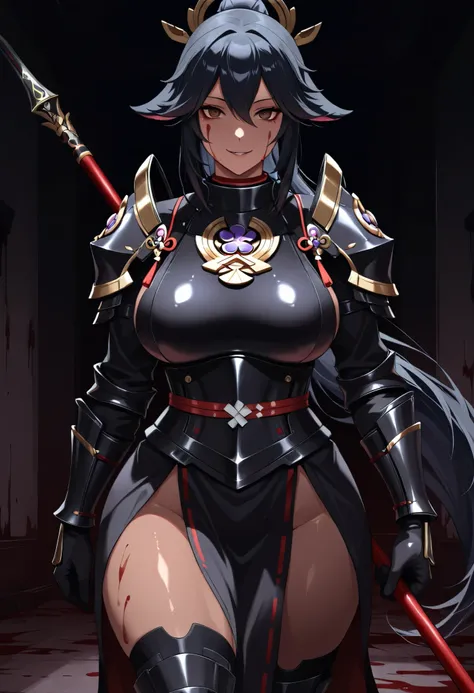 1girl, (mature_female, MILF, toned_female, curvy, thick_thighs, wide_hips, large_breasts, dark_skin, (black_hair):1.2, ponytail, long_hair, hair_between_eyes, brown_eyes), (yae miko style), black_armor, armor, armored_boots, armored_dress, boots, chainmal,...