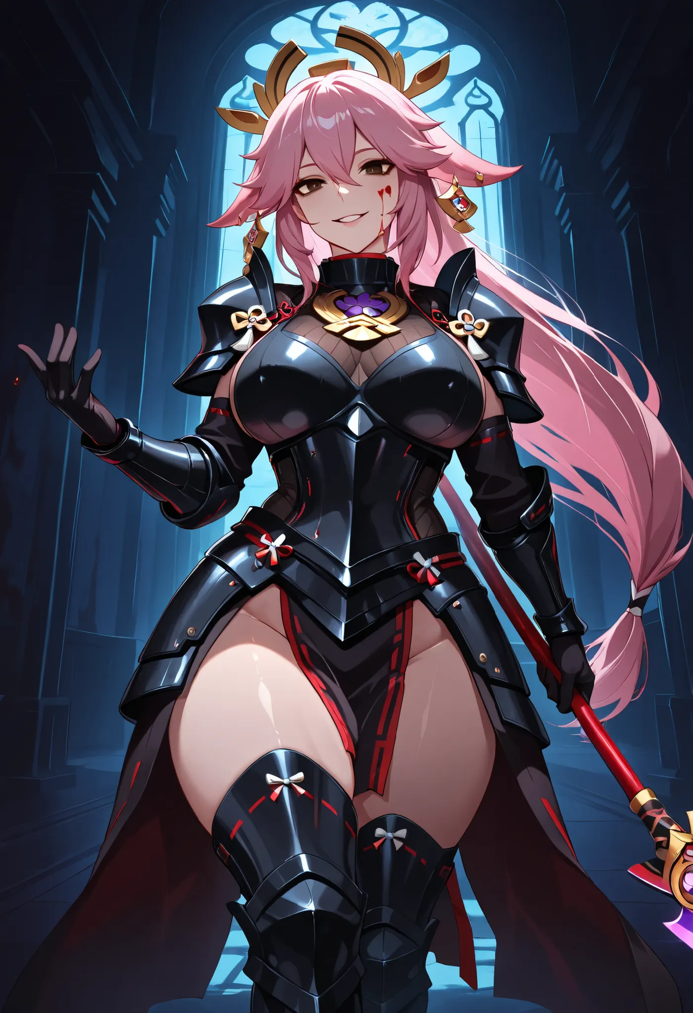 1girl, (mature_female, MILF, toned_female, curvy, thick_thighs, wide_hips, large_breasts, dark_skin, (pink_hair):1.2, ponytail, long_hair, hair_between_eyes, brown_eyes), (yae miko style), black_armor, armor, armored_boots, armored_dress, boots, chainmal, ...