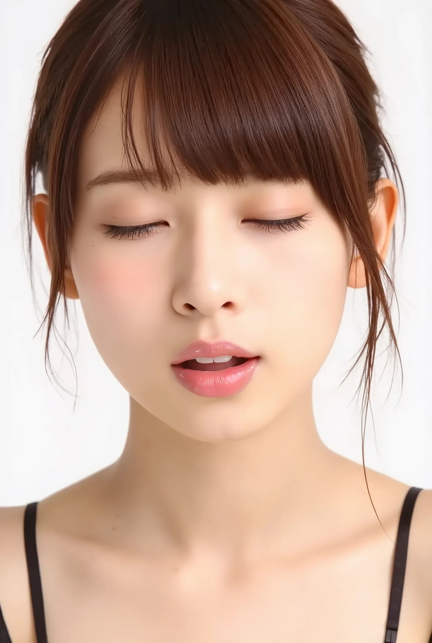 beautiful young woman, eyes closed, cheeks deeply flushed, soft embarrassed smile, outer eye corners lowered, head slightly tilted back, extremely puckered lips, lips tightly pursed and pointed forward, exaggerated kissy lips, heart-shaped lip pose, glossy...
