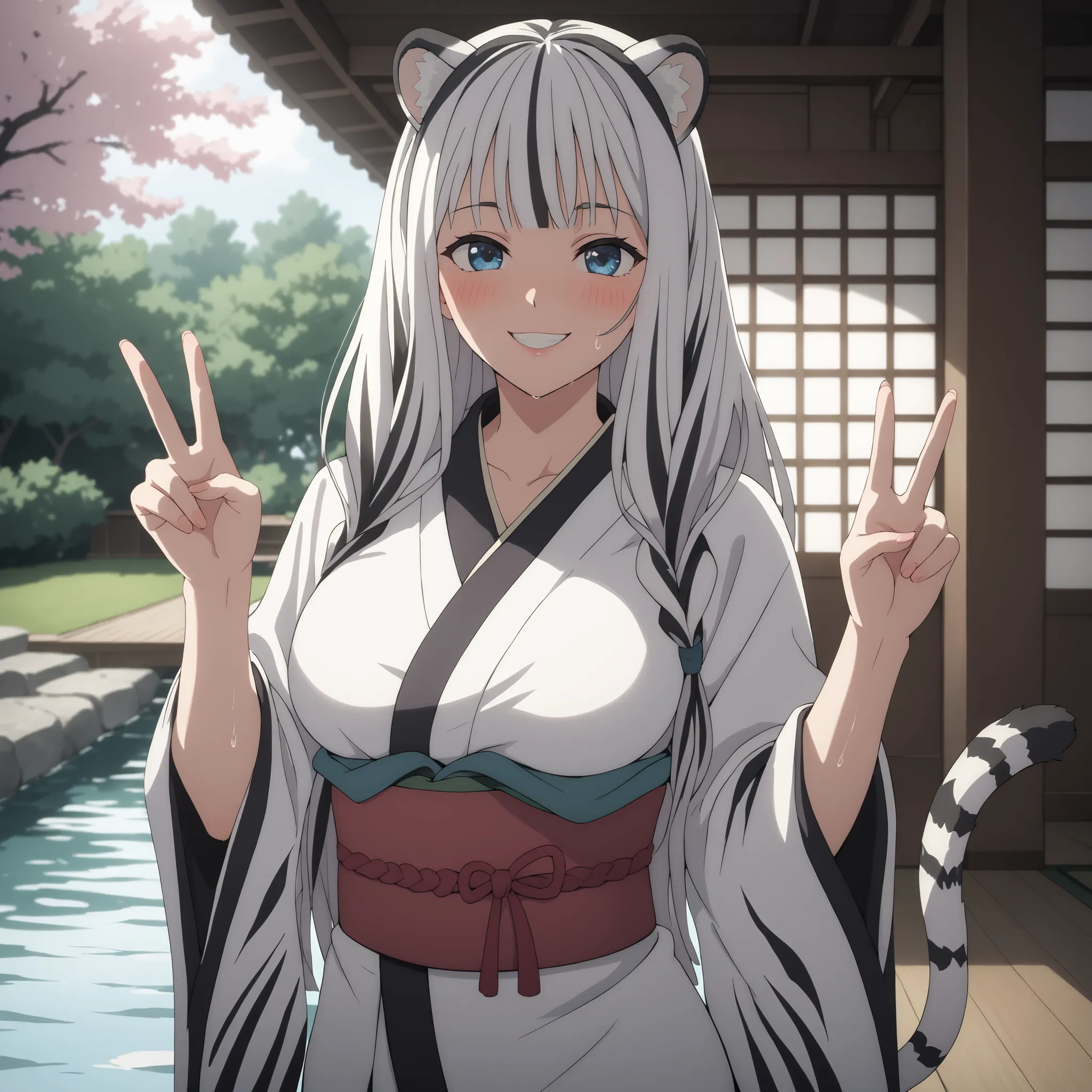 "atla, Her long hair, white with black stripes like the fur of a white tiger, Her white tiger ears move in the cool breeze, detailed blue eyes , charming smile. blush , curvaceous and slender figure , very large and well-proportioned breasts, an animal's t...