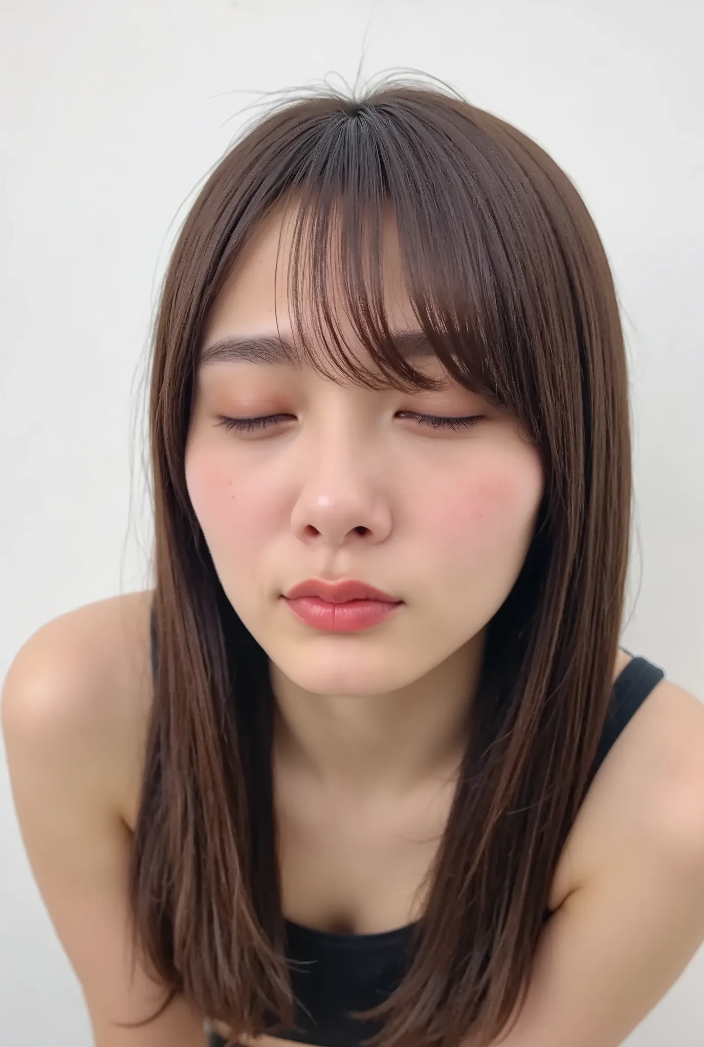 beautiful young woman, eyes closed, cheeks deeply flushed, soft embarrassed smile, outer eye corners lowered, longing expression, desperate affection, yearning, head slightly tilted back, extremely puckered lips, lips tightly pursed and pointed forward, ex...