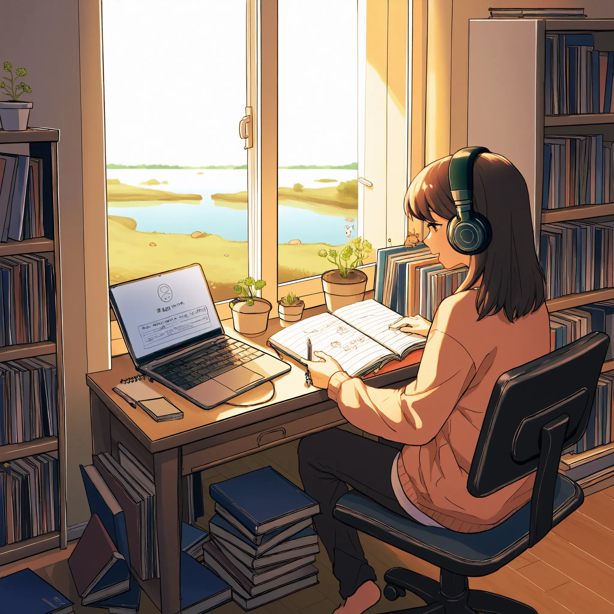 A woman wearing headphones is working in her room, She's opening her notebook, laptop, Some materials. and she's focused on writing or typing. Outside the window is a lake、On the bookshelf、 full of books , small plants in the background . The scene is pea...