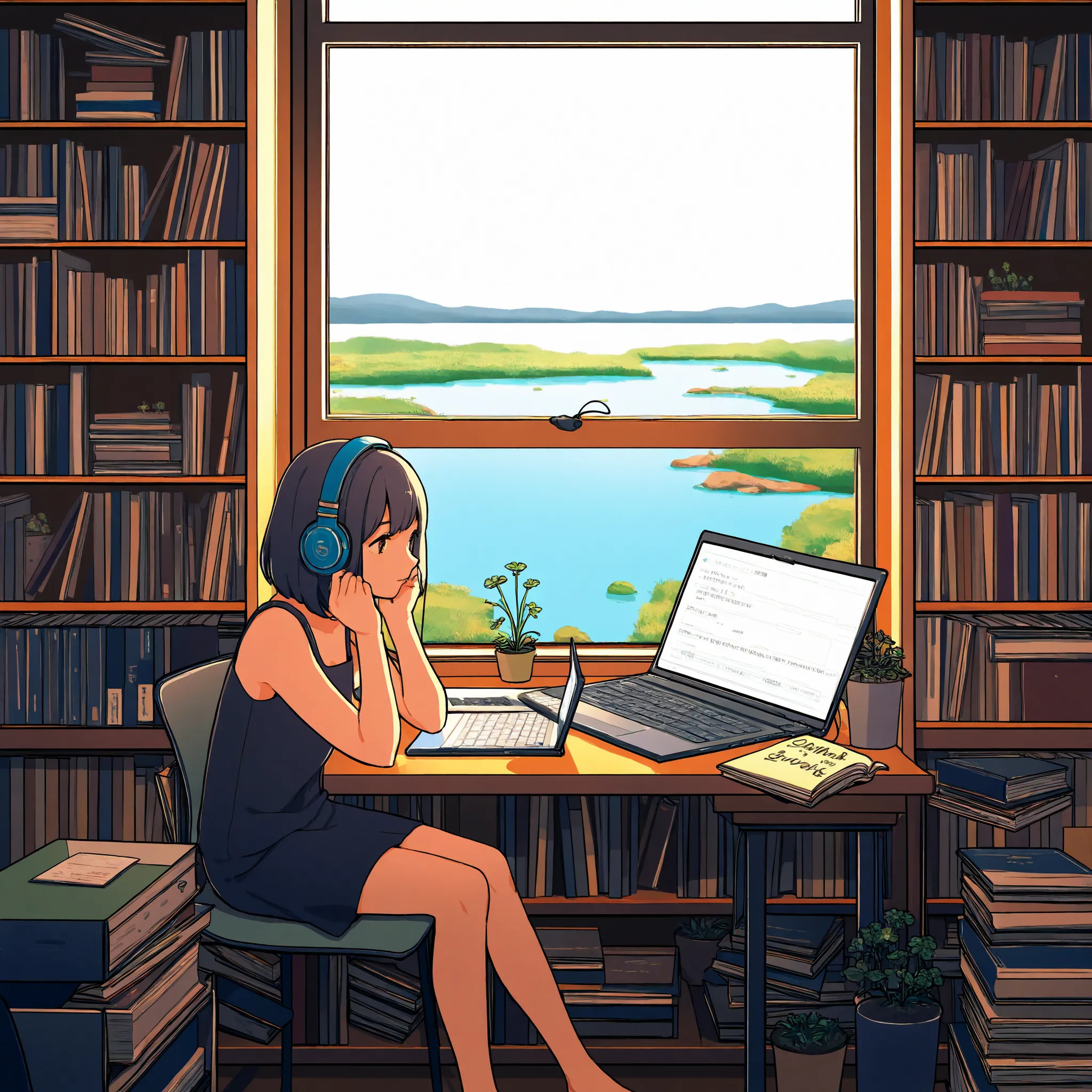 A woman wearing headphones is working in her room, She's opening her notebook, laptop, Some materials. and she's focused on writing or typing. Outside the window is a lake、On the bookshelf、 full of books , small plants in the background . The scene is pea...