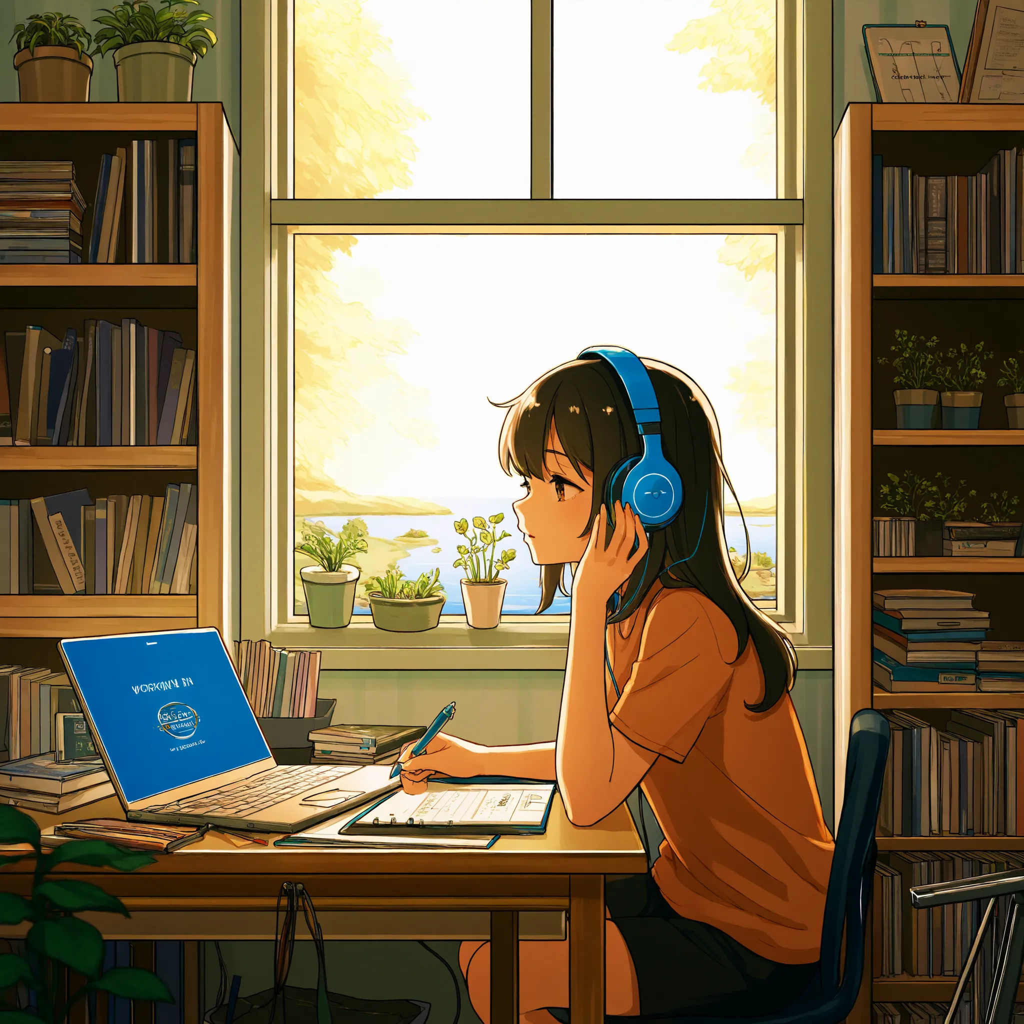 A woman wearing headphones is working in her room, She's opening her notebook, laptop, Some materials. and she's focused on writing or typing. Outside the window is a lake、On the bookshelf、 full of books , small plants in the background . The scene is pea...