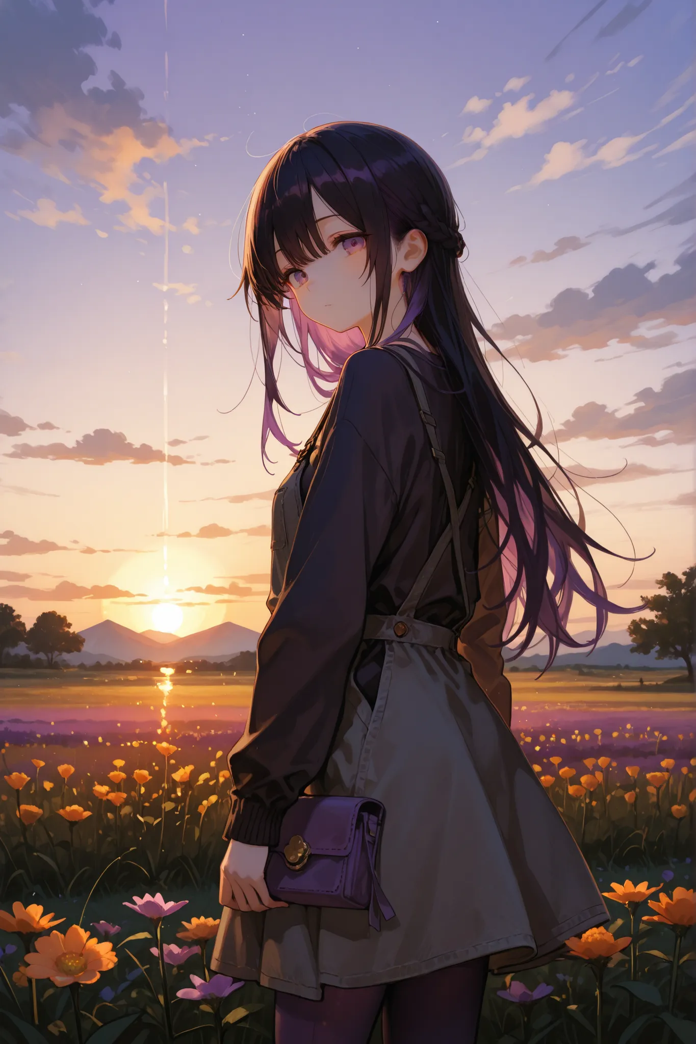 Under the sunset,A young woman stands on a picturesque dome of mine,Her long black hair is draped over her back,A few scattered clouds capture the sunset。adds a touch of serenity and serenity to this peaceful landscape,gently illuminates a vibrant field of...