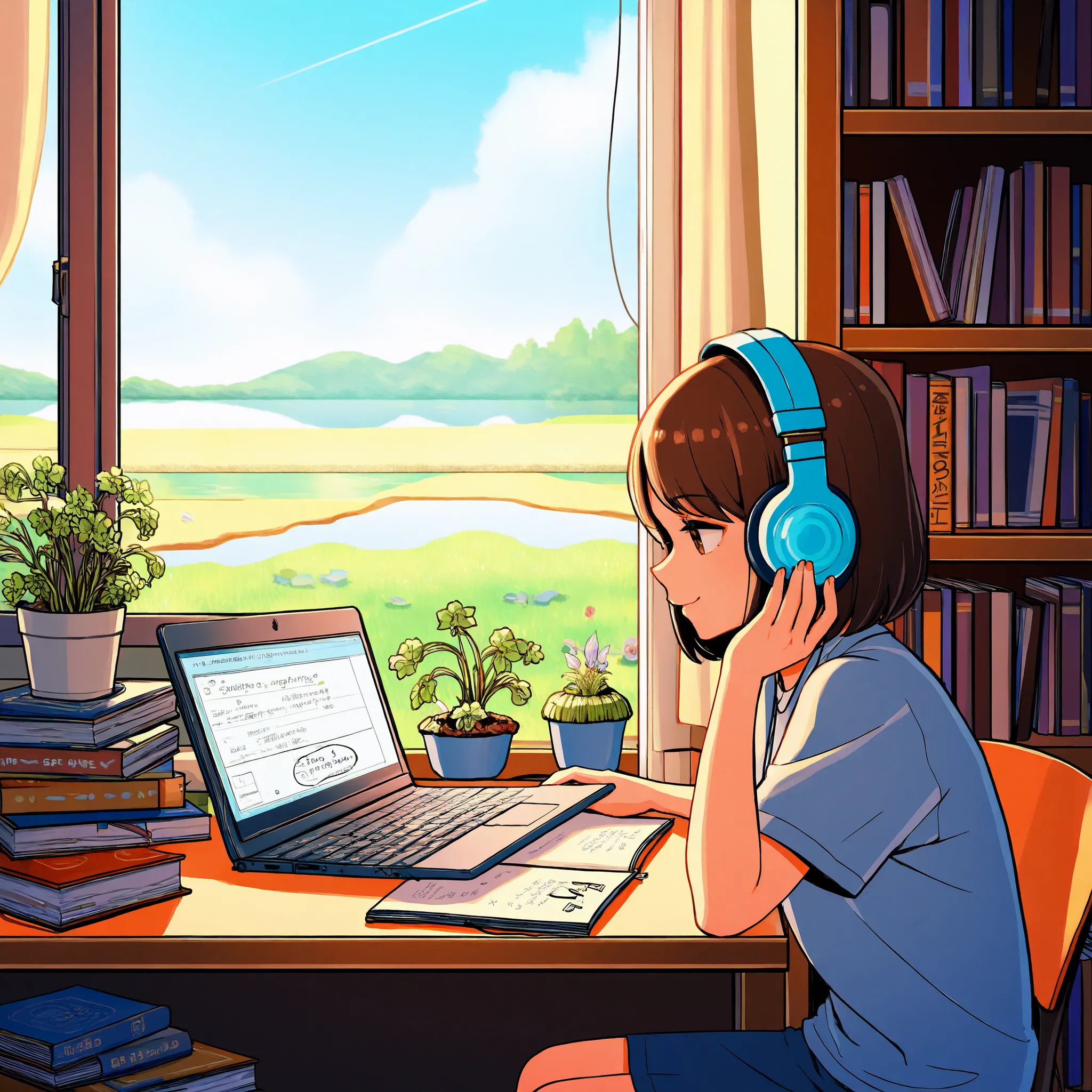 A woman wearing headphones is working in her room, She's opening her notebook, laptop, Some materials. and she's focused on writing or typing. Outside the window is a lake、On the bookshelf、 full of books , small plants in the background . The scene is pea...