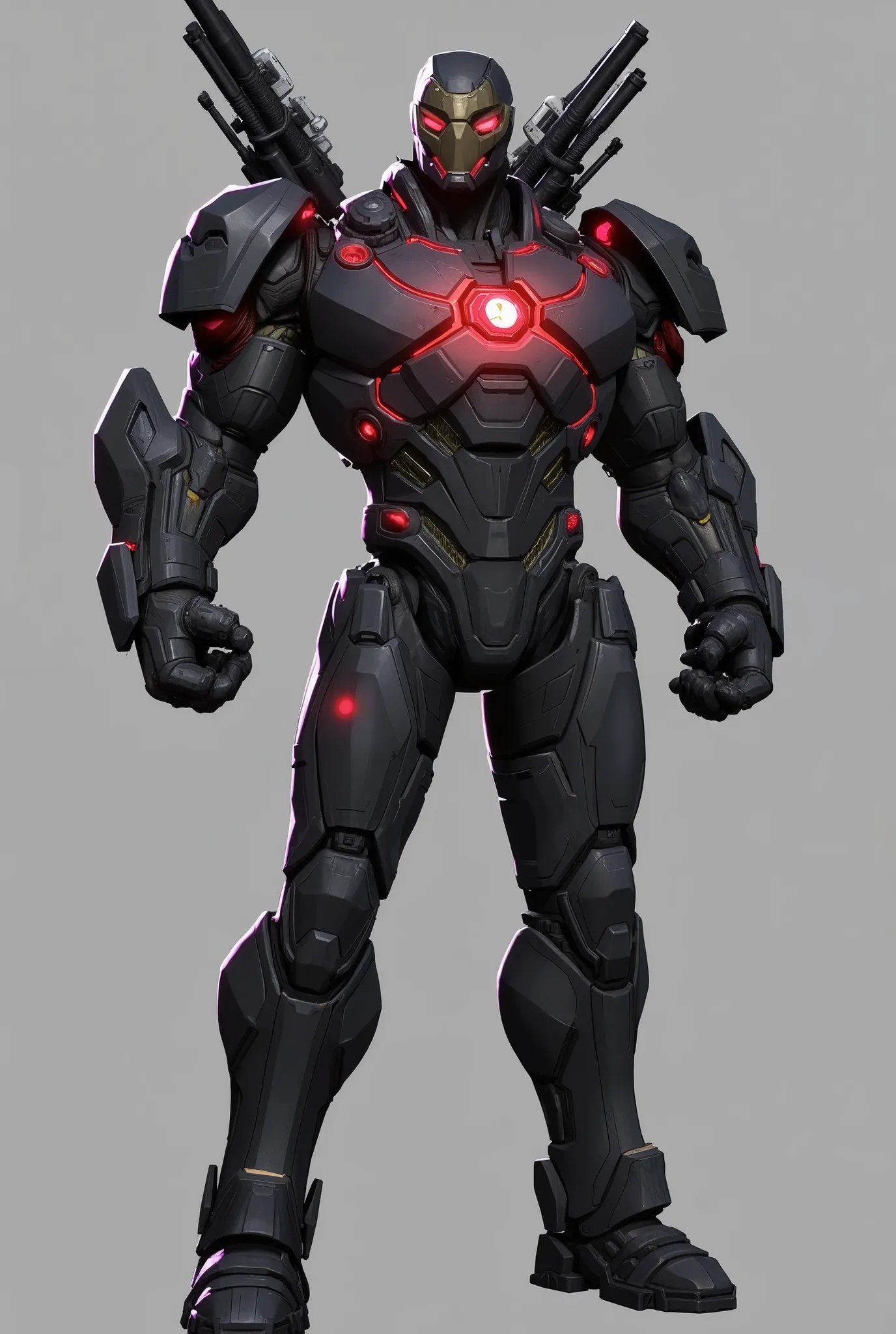 Imagine War Machine as a heavily armored Vanguard hero in the Marvel Rivals video game by NetEase Games. He wears a tactical, futuristic gunmetal black exo-suit with crimson energy veins pulsing through his armor seams and chest reactor. His helmet is full...