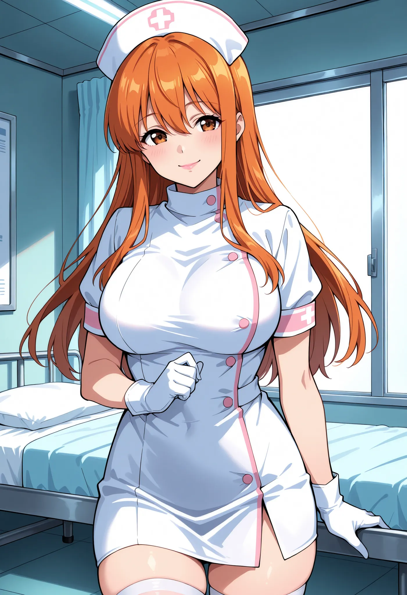 Score_9, score_8_up, score_7_up, source_anime, Aki Minami, solo, long hair, orange hair, sidelocks, hair between eyes, bangs, brown eyes, large breasts, (best quality), (high quality), {masterpiece}, extremely delicate and beautiful, ultra-detailed, beauti...